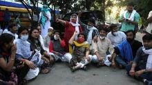 A protest outside the Safdarjung Hospital on Sept. 29, 2020 in New Delhi, where a 19-year-old woman died two weeks after being gang-raped.