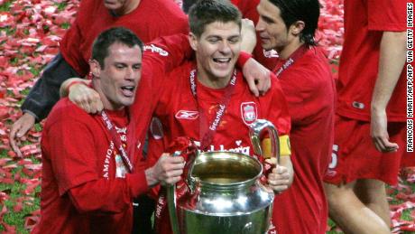 Jamie Carragher celebrates Liverpool&#39;s Champions League triumph in 2005 with Steven Gerrard.