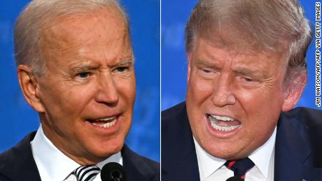 (COMBO) This combination of pictures created on September 29, 2020 shows Democratic Presidential candidate and former US Vice President Joe Biden (L) and US President Donald Trump speaking during the first presidential debate at the Case Western Reserve University and Cleveland Clinic in Cleveland, Ohio on September 29, 2020. (Photos by JIM WATSON and SAUL LOEB / AFP) (Photo by JIM WATSON,SAUL LOEB/AFP via Getty Images)