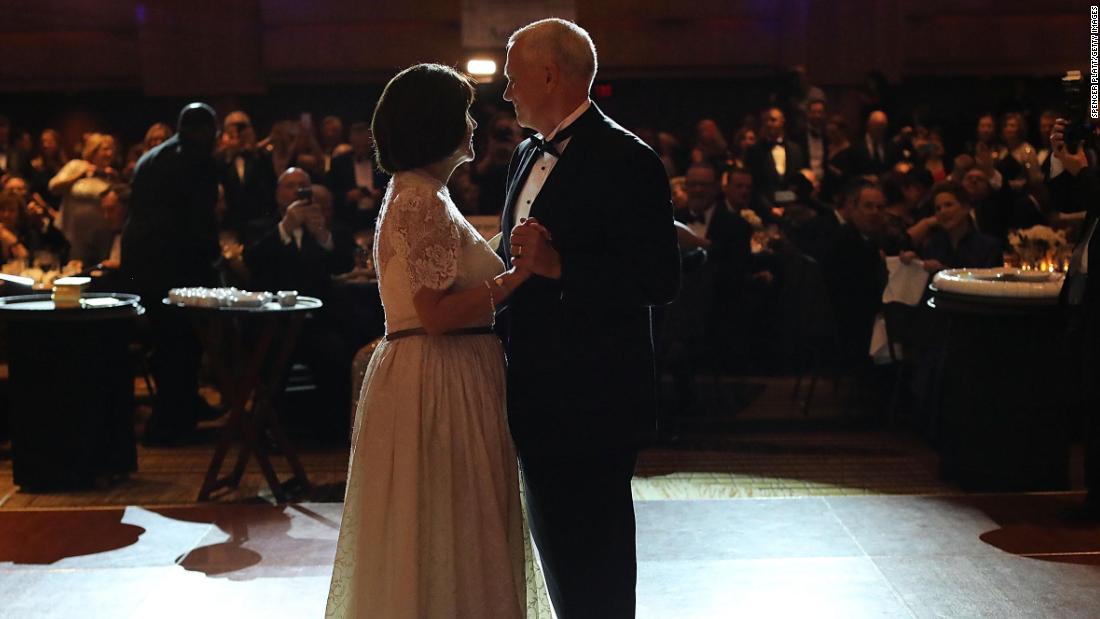 Pence and his wife, Karen, take the first dance at the Indiana Society&#39;s Inaugural Ball in January 2017.