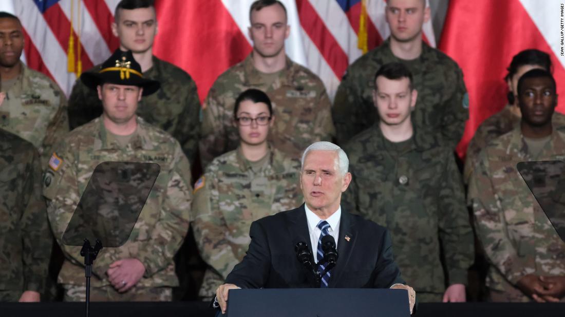 Pence speaks while visiting US and Polish soldiers at a military base in Warsaw, Poland, in February 2019.