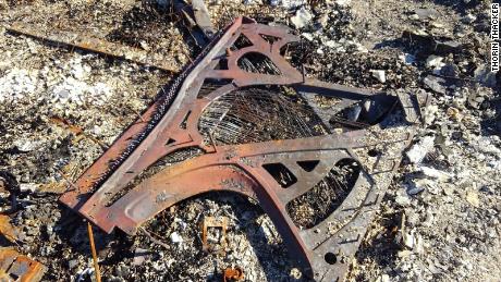 A cast iron plaque and piano string are the remains of a century-old piano that was once located at the Canyon Cannabis dispensary in Gates, Oregon.  Canyon Cannabis was destroyed by the Beachie Creek fire on September 8, 2020.