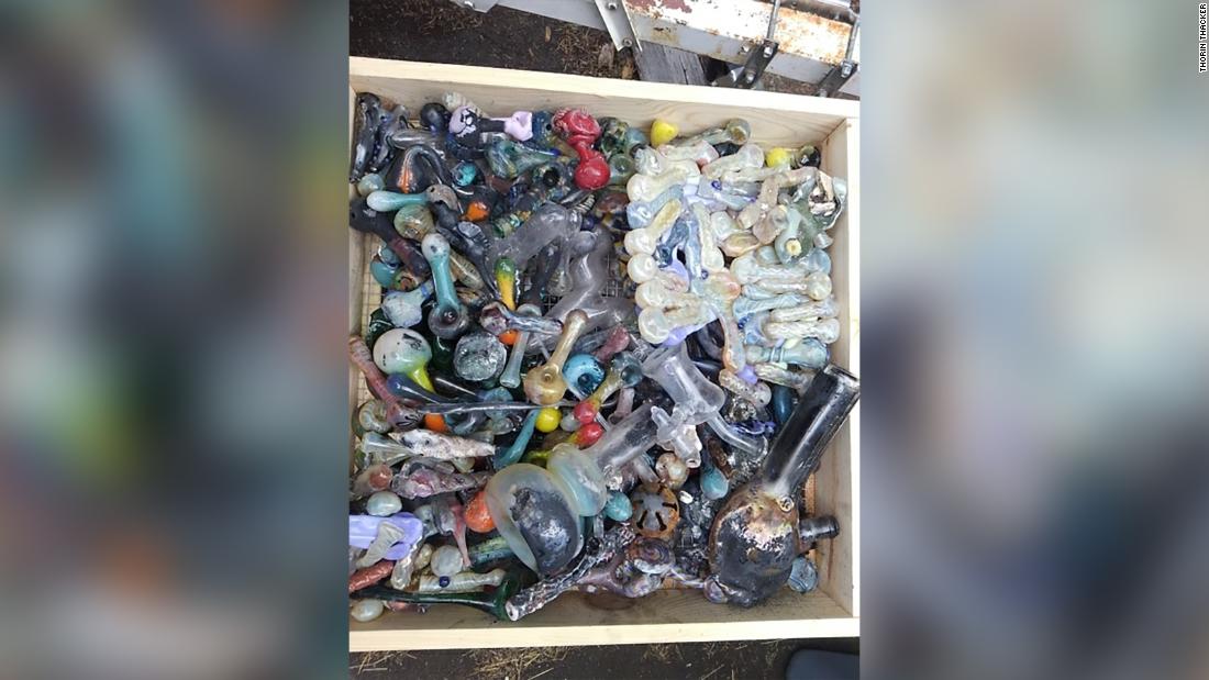 Melted clumps of what were locally made glass pipes and bongs sold at Canyon Cannabis dispensary in Gates, Oregon. Canyon Cannabis was destroyed by the Beachie Creek Fire on Sept. 8, 2020.