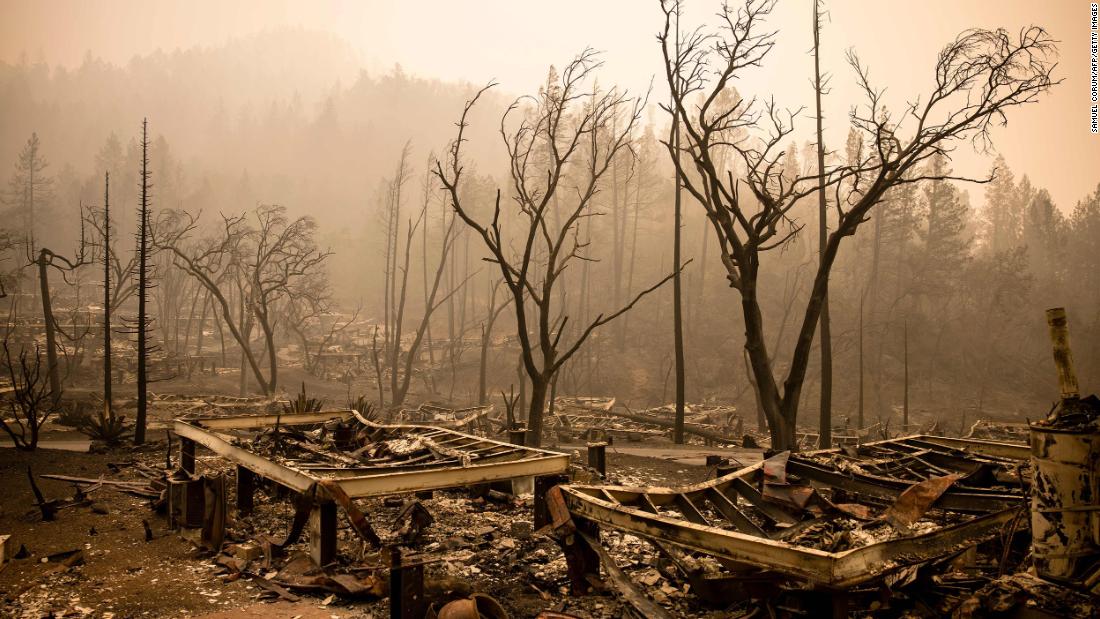 The remains of guest houses smolder at Calistoga Ranch after the Glass Fire passed through on September 30, 2020.