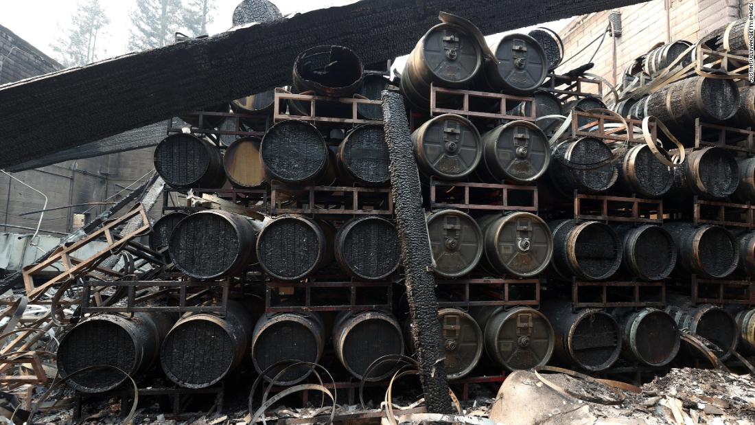 Damaged wine barrels sit stacked at the Fairwinds Estate Winery in Calistoga on September 29.