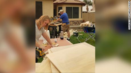 Mitchell and his wife Janessa built five to six desks a day in their front yard for a week. 