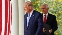 US President Donald Trump and US Vice President Mike Pence arrive to speak on Covid-19 testing in the Rose Garden of the White House in Washington, DC on September 28, 2020. (Photo by MANDEL NGAN / AFP) (Photo by MANDEL NGAN/AFP via Getty Images)