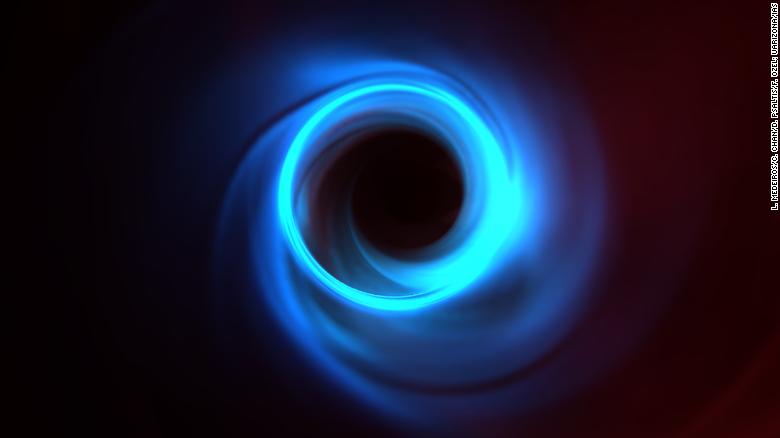 simulation of a black hole's shadow which is the plasma ring around a lightless hole.