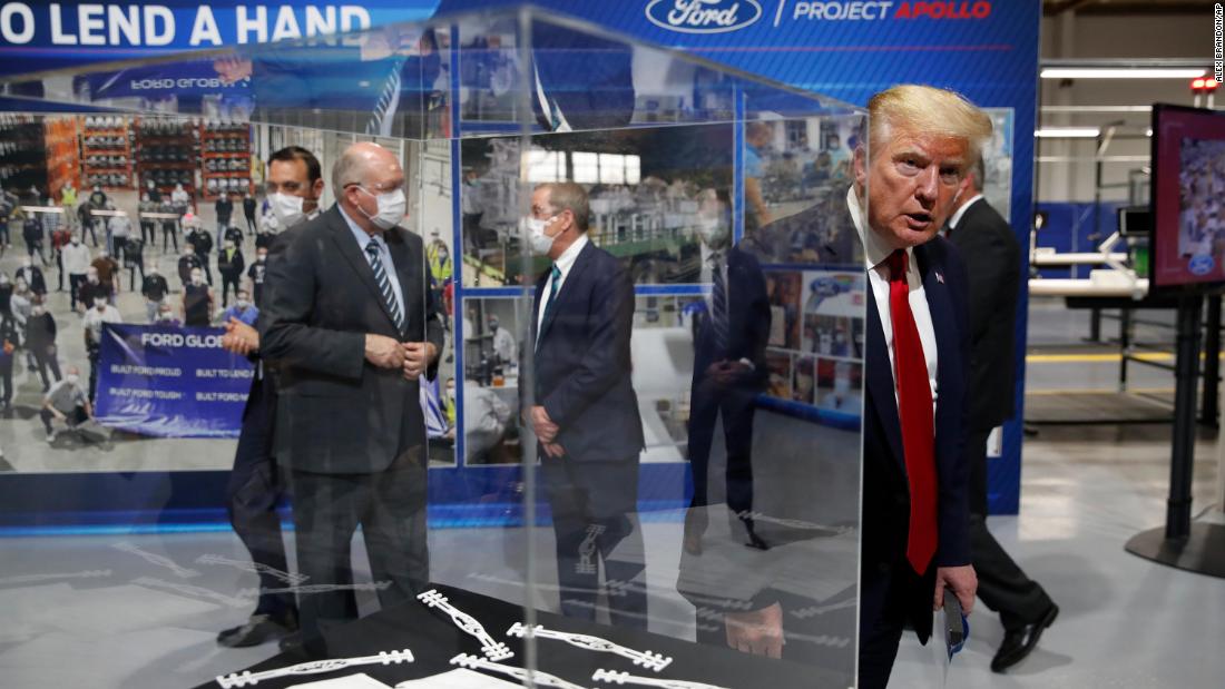 Trump tours the Ypsilanti Ford plant, which was making ventilators and personal protective equipment during the coronavirus pandemic.