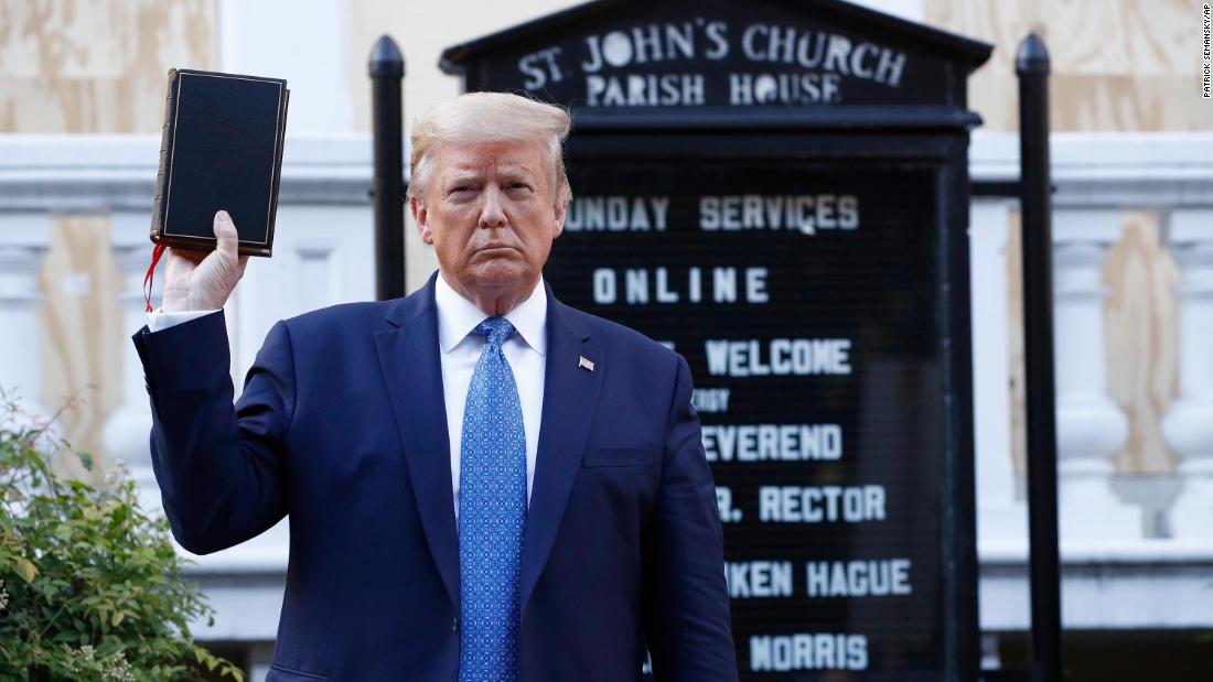 Trump holds a Bible outside St. John&#39;s Episcopal Church during a &lt;a href=&quot;https://www.cnn.com/videos/politics/2020/06/02/mariann-budde-bishop-st-johns-trump-bible-photo-ac360-vpx.cnn&quot; target=&quot;_blank&quot;&gt;photo op&lt;/a&gt; in Washington, DC, in June 2020. Part of the church was set on fire during protests the night before. Before Trump&#39;s photo op, police cleared out peaceful protesters with rubber bullets, tear gas and flash bangs.