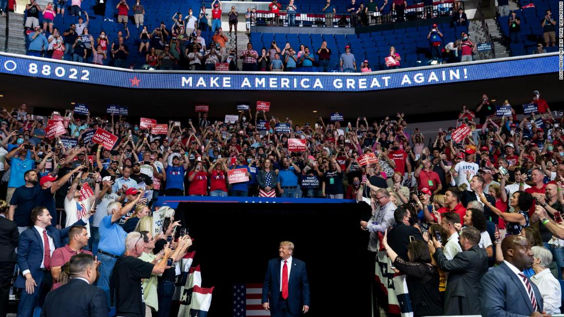 Trump arrives at &lt;a href=&quot;http://www.cnn.com/2020/06/20/politics/gallery/trump-rally-tulsa/index.html&quot; target=&quot;_blank&quot;&gt;his campaign rally&lt;/a&gt; in Tulsa, Oklahoma, in June 2020. It was his first rally since the start of the coronavirus pandemic, and the indoor venue &lt;a href=&quot;https://www.cnn.com/2020/06/20/politics/donald-trump-rally-tulsa-coronavirus/index.html&quot; target=&quot;_blank&quot;&gt;generated concerns&lt;/a&gt; about the potential spread of the virus. &lt;a href=&quot;https://www.cnn.com/2020/06/21/politics/trump-rally-tulsa-attendance/index.html&quot; target=&quot;_blank&quot;&gt;About 6,200 people showed up&lt;/a&gt; to the BOK Center, which seats 19,199.