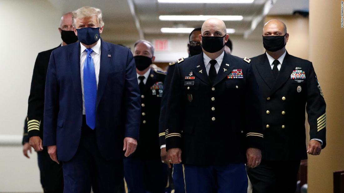 Trump wears a face mask in July 2020 as &lt;a href=&quot;https://www.cnn.com/2020/07/11/politics/trump-walter-reed-visit-mask/index.html&quot; target=&quot;_blank&quot;&gt;he visits the Walter Reed National Military Medical Center&lt;/a&gt; in Bethesda, Maryland. This was the first time since the pandemic began that the White House press corps got a glimpse of Trump with a face covering.