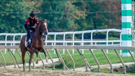 Kentucky Derby winner Authentic exercises in preparation for the Preakness Stakes at Pimlico Race Course in Baltimore, Maryland, on Friday, October 2.