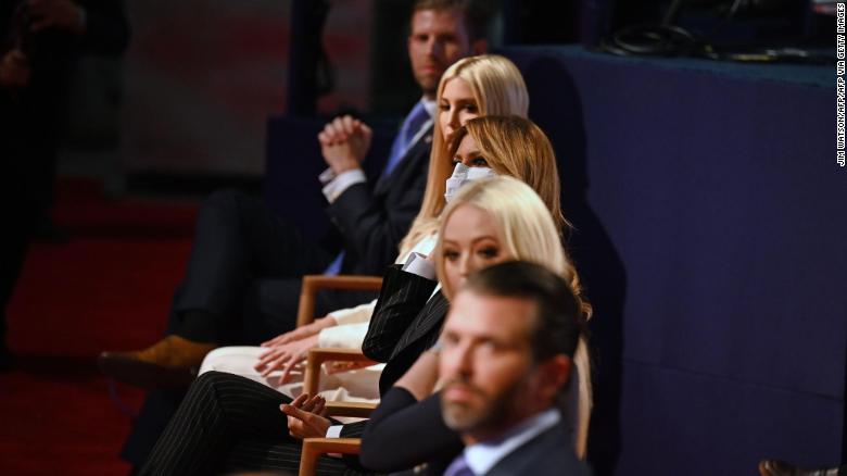 (From top) Eric Trump, son of the US President, daughter and Senior Advisor to the US President Ivanka Trump, US First Lady Melania Trump, daughter of the US President Tiffany Trump and Donald Trump Jr., son of the US President, are seen ahead of the first presidential debate at the Case Western Reserve University and Cleveland Clinic in Cleveland, Ohio on September 29, 2020. (Photo by Jim WATSON / AFP) (Photo by JIM WATSON/AFP via Getty Images)