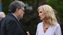 US Attorney General William Barr speaks with Assistant to the President and Senior Counselor to the President Kellyanne Conway at the ceremony where US President Donald Trump nominated Judge Amy Coney Barrett to the nominated to the US Supreme Court, in the Rose Garden of the White House in Washington, DC, on September 26, 2020. (Photo by Olivier DOULIERY / AFP) (Photo by OLIVIER DOULIERY/AFP via Getty Images)