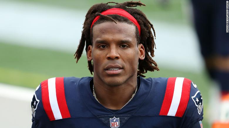 Cam Newton of the New England Patriots looks on during the game against the Las Vegas Raiders at Gillette Stadium on September 27 in Foxborough, Massachusetts.