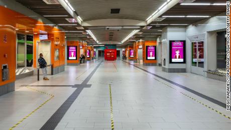 Madrid&#39;s Moncloa bus station is deserted after confinement measures in the city on October 3.