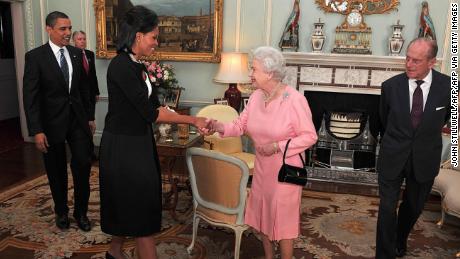 The Obamas meet with Queen Elizabeth II and Prince Philip, the Duke of Edinburgh in 2009. 