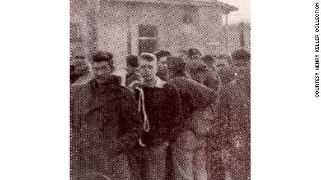 Liberated POWs preparing to depart Luft Stalag VII A for Camp Lucky Strike on May 10, 1945. Frank Murphy standing third from the left with white drawstring over shoulder. 