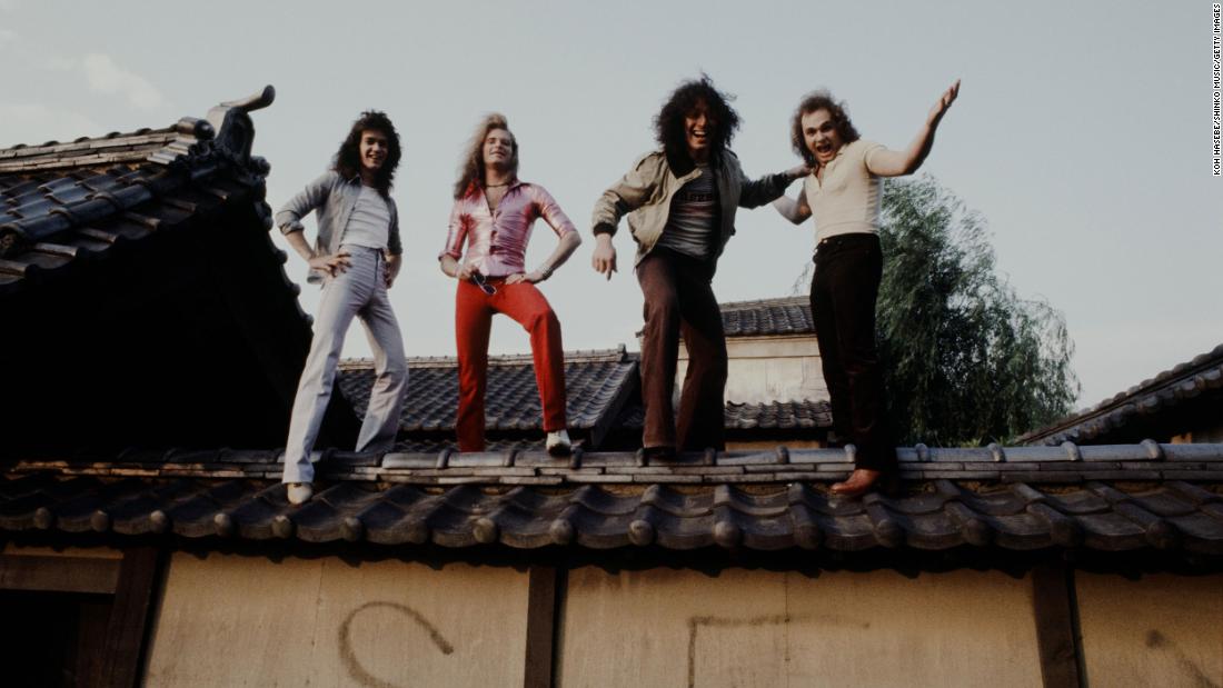 The band poses for a photo on a wall in Kyoto in June 1978.