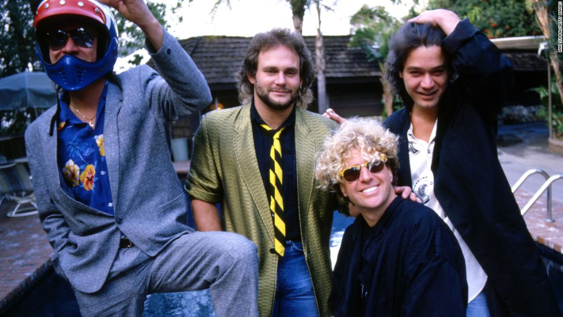 The band poses for a photo by the pool at Eddie&#39;s studio, 5150 Studio, in Los Angeles in 1985.