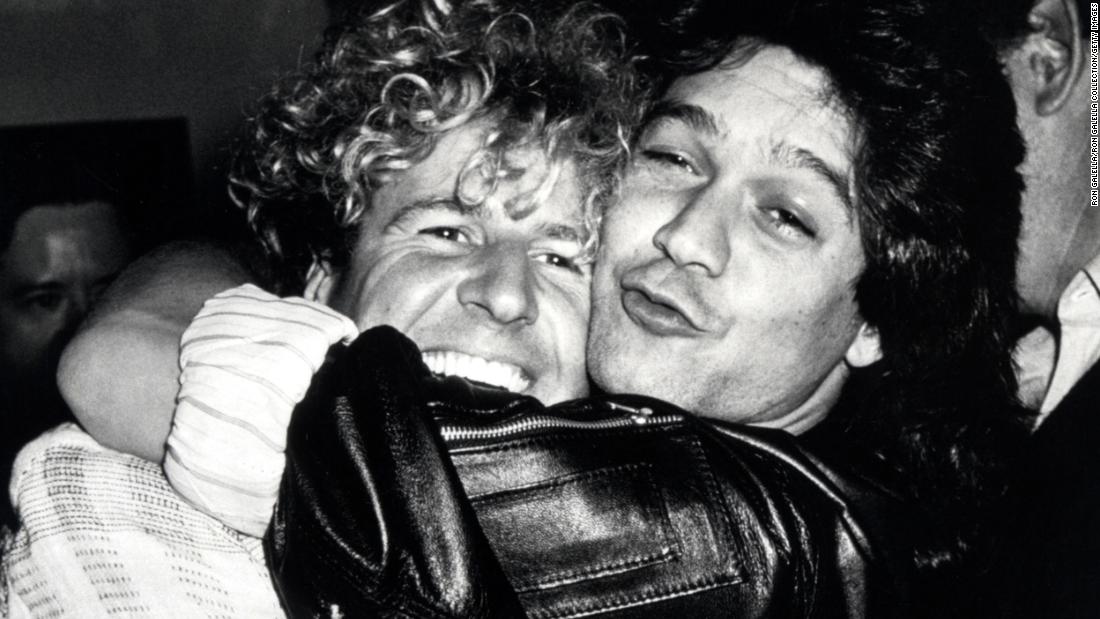 Singer-songwriter Sammy Hagar and Eddie hug at the Shout Disco in New York in 1985 at the MTV Awards Pre-Party.