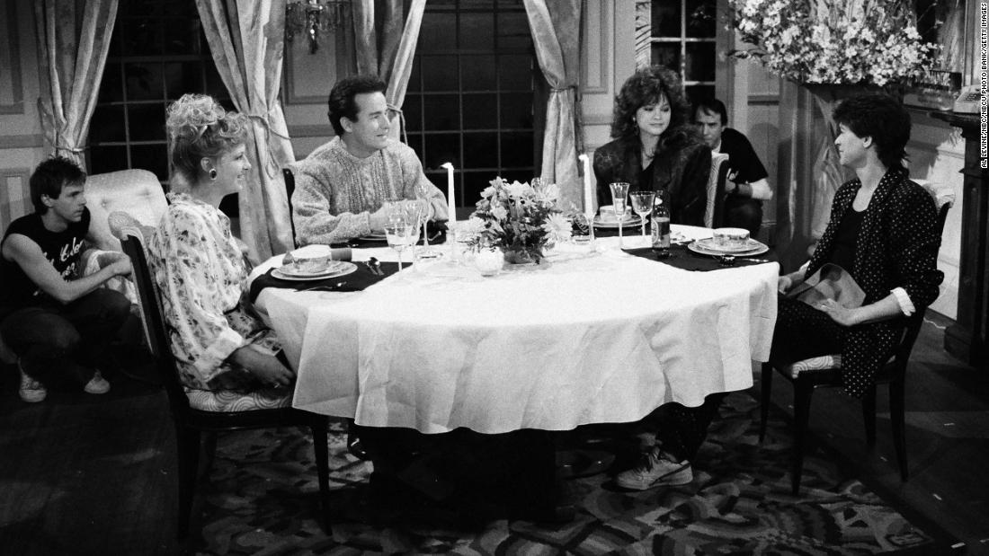 Bertinelli and Van Halen, right, perform in the &quot;Saturday Night Live&quot; skit &quot;Dinner at the Van Halens&#39;&quot; on February 28, 1987.