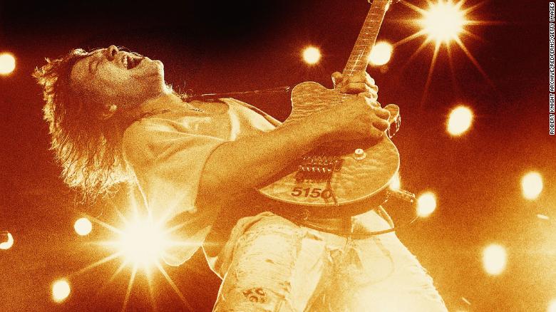 Eddie Van Halen plays guitar in 1993.