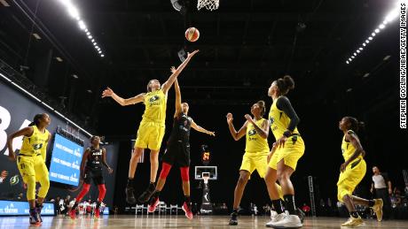 Breanna Stewart of the Seattle Storm stretches for the ball during Game 3 of the WNBA Finals against the Las Vegas Aces on Tuesday, October 6, 2020.