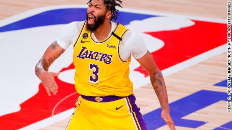 Anthony Davis was fired up after making a three-point shot that put the Lakers up 100-91 with 40 seconds remaining.