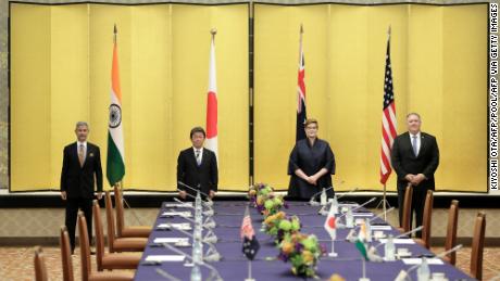Indian Foreign Minister Subrahmanyam Jaishankar, Japan&#39;s Foreign Minister Toshimitsu Motegi, Australia&#39;s Foreign Minister Marise Payne and US Secretary of State Mike Pompeo attend the four Indo-Pacific nations&#39; foreign ministers meeting in Tokyo on October 6, 2020.