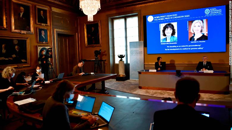 The winners of the 2020 Nobel prize in Chemistry are announced at the ceremony in Stockholm on Wednesday.