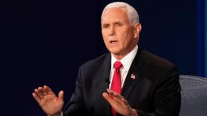 Vice President Mike Pence makes a point during the vice presidential debate with Democratic vice presidential candidate Sen. Kamala Harris, D-Calif., Wednesday, Oct. 7, 2020, at Kingsbury Hall on the campus of the University of Utah in Salt Lake City. 