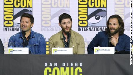 Misha Collins, Jensen Ackles, and Jared Padalecki speak at the &quot;Supernatural&quot; panel during 2019 Comic-Con International at San Diego Convention Center on July 21, 2019 in San Diego, California. The show became a major draw during the annual event, taking over the largest venue, Hall H, for several years. 