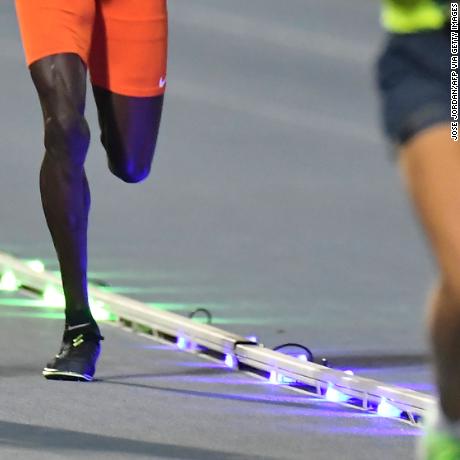 Ugandan athlete Joshua Cheptegei (C) competes in the men&#39;s 10,000m event during the NN Valencia World Record Day at the Turia stadium in Valencia on October 7, 2020. - Ugandas&#39;s Joshua Cheptegei set a new men&#39;s 10,000m world record of 26 minutes 11 seconds in Valencia today. (Photo by JOSE JORDAN / AFP) (Photo by JOSE JORDAN/AFP via Getty Images)