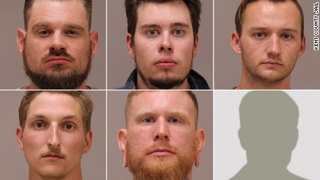 CNN has obtained the mugshots for five of the six suspects indicted by federal officials for plotting to kidnap the Governor of Michigan. They were held at the Kent County jail facilities prior to their arraignment. Top row left to right: Adam Fox, Ty Garbin, Kaleb Franks. Bottom row left to right: Daniel Harris, Brandon Caserta.