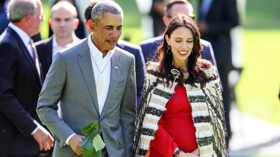 Barack Obama attends a pōwhiri -- a formal Māori welcoming ceremony -- with New Zealand Prime Minister Jacinda Ardern at Government House on March 22, 2018 during his visit to Auckland.