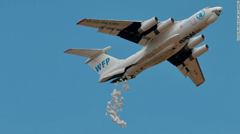 A World Food Programme food aid drop near a village in Ayod county, South Sudan, on February 6, 2020.