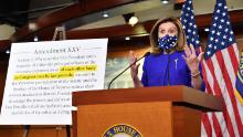 US Speaker of the House, Nancy Pelosi, Democrat of California, speaks to the press on Capitol Hill in Washington, DC, on October 9, 2020.