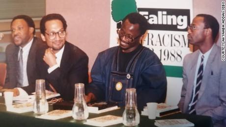 Addai-Sebo (second right) and Ansel Wong, Principal Race Equality Advisor at the London Strategic Policy Unit (second left) at the London launch of their book &quot;Our Story&quot; in July 1988, with Bernard Wiltshire, Deputy Leader of the Inner London Education Authority (left) and Vitus Evans, Race Relations Advisor at the Association of London Authorities. 