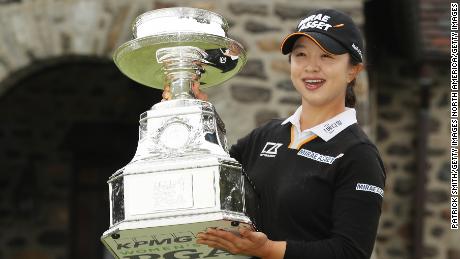 NEWTOWN SQUARE, PENNSYLVANIA - OCTOBER 11: Sei Young Kim of Korea poses with the trophy after winning the 2020 KPMG Women&#39;s PGA Championship at Aronimink Golf Club on October 11, 2020 in Newtown Square, Pennsylvania. (Photo by Patrick Smith/Getty Images)