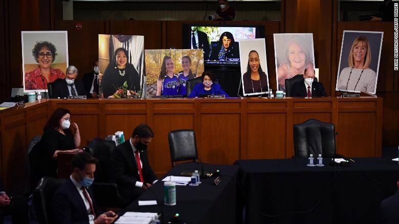 Poster boards of people who may lose their health insurance if the Affordable Care Act is repealed are set up prior to start of the Senate Judiciary Committee confirmation hearing for Supreme Court Justice on Capitol Hill on October 12, 2020 in Washington, DC.