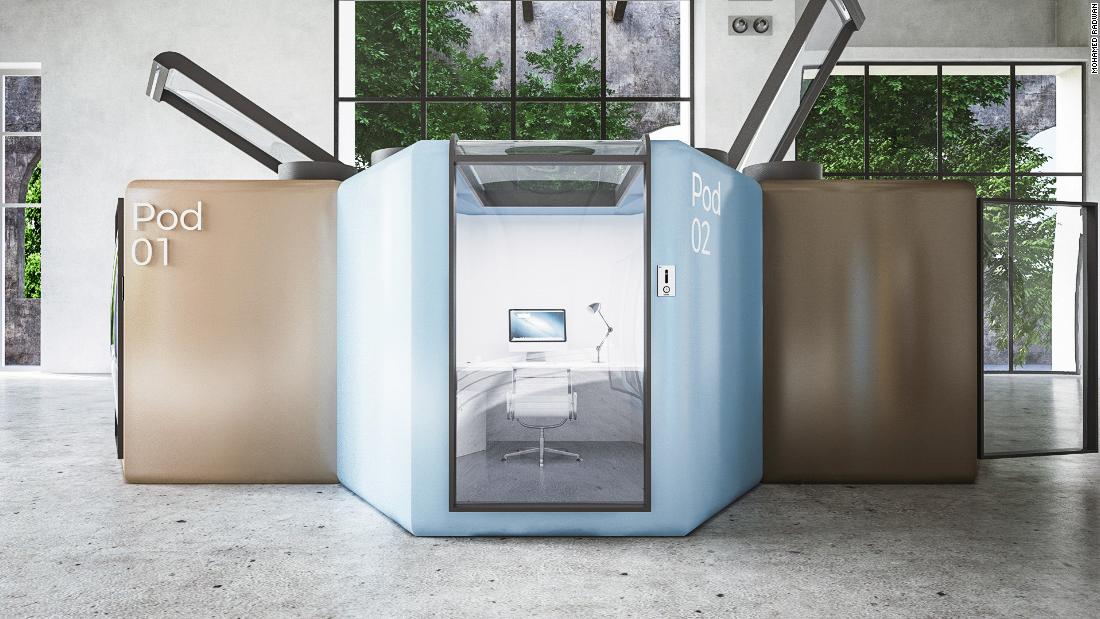 Or perhaps offices will be full of people working in air-tight pods. Egyptian architect Mohamed Radwan designed the &quot;Qwork-Pod,&quot; hexagonal cubicles that can be arranged in a hive-like layout, complete with automatic doors controlled by facial recognition, and ventilation fans with built-in air purifiers. The whole structure is made of non-porous materials that can be easily disinfected. 