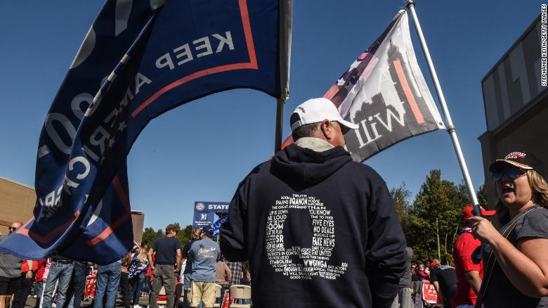 A person wears a QAnon sweatshirt during a pro-Trump rally on October 3 in the borough of Staten Island in New York City. 