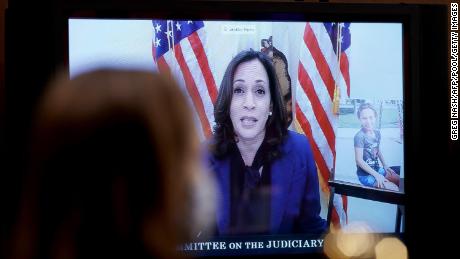 Democratic vice presidential nominee Senator Kamala Harris (D-CA) speaks virtually to the Senate Judiciary Committee confirmation hearing for Supreme Court nominee Judge Amy Coney Barrett on Capitol Hill on October 12, 2020 in Washington, DC. 