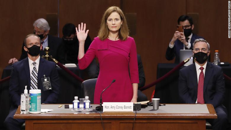 Supreme Court nominee Amy Coney Barrett is sworn in for her confirmation hearing on Monday, October 12.