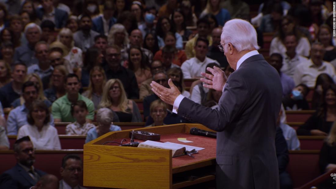 Pastor John MacArthur speaking at his California church in August. CNN has blurred a portion of this image to protect a child&#39;s identity. 