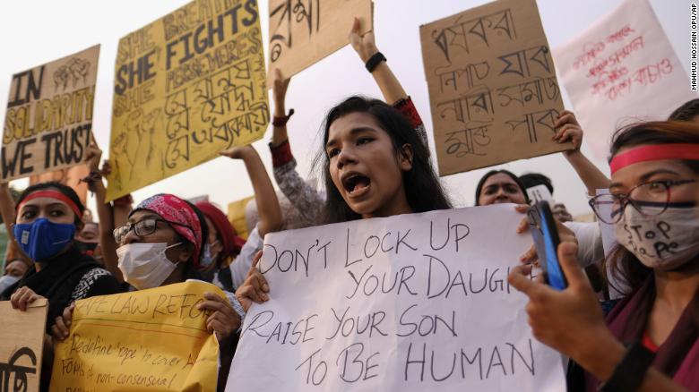 Women's rights activists and others protest gender-based violence outside Parliament in Dhaka, Bangladesh, on Friday, October 9.