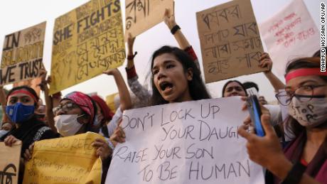 Women&#39;s rights activists and others protest gender-based violence outside Parliament in Dhaka, Bangladesh, on Friday, October 9.