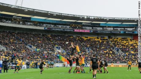 Fans watch on as Ardie Savea and Lukhan Salakaia-Loto compete for a lineout during the Bledisloe Cup match between the New Zealand All Blacks and Australia.